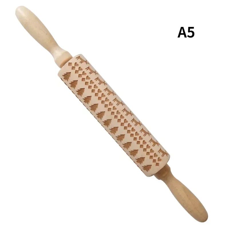 Premium Holiday Cookie Embossing Rolling Pin Christmas Pattern Wooden Dough Roller 10