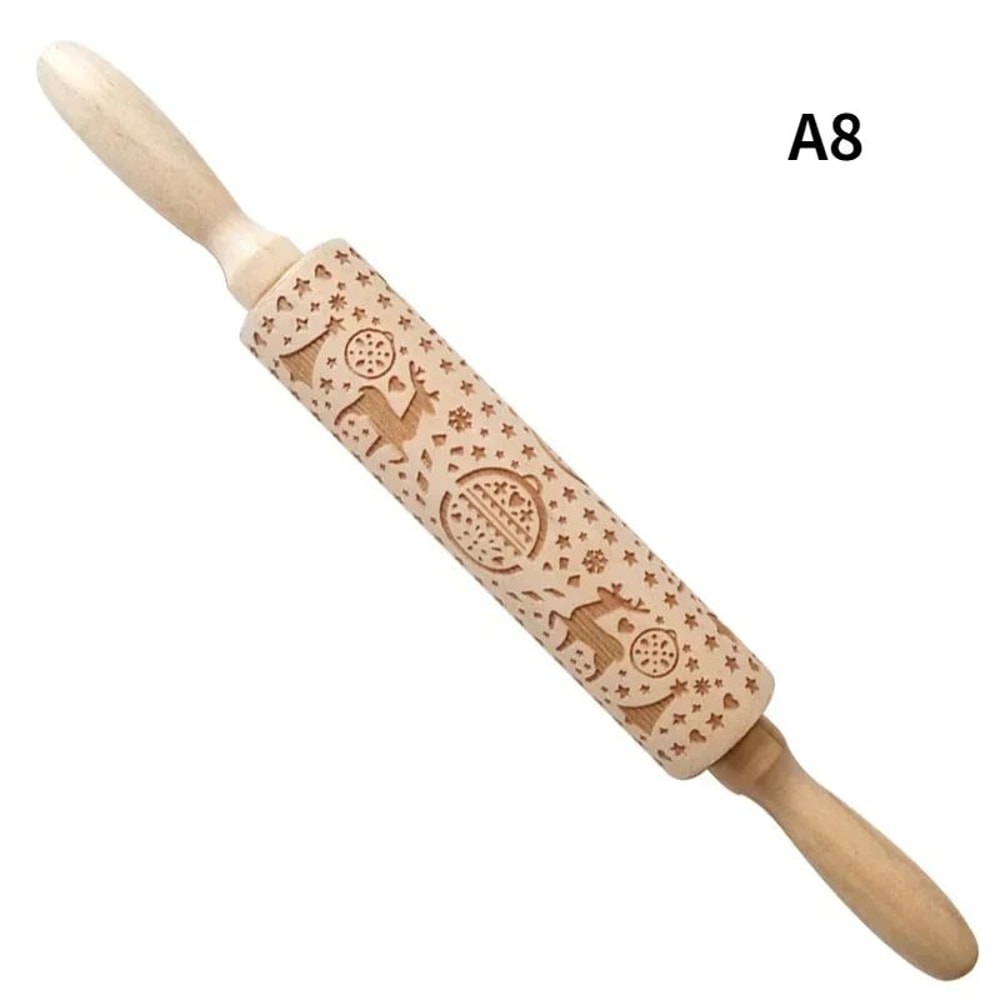 Premium Holiday Cookie Embossing Rolling Pin Christmas Pattern Wooden Dough Roller 12