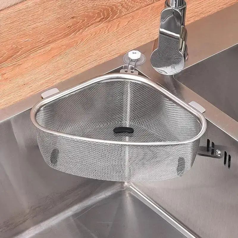 Stainless Steel Sink Drain Basket Triangle Kitchen Food Filter Organizer Rack 2