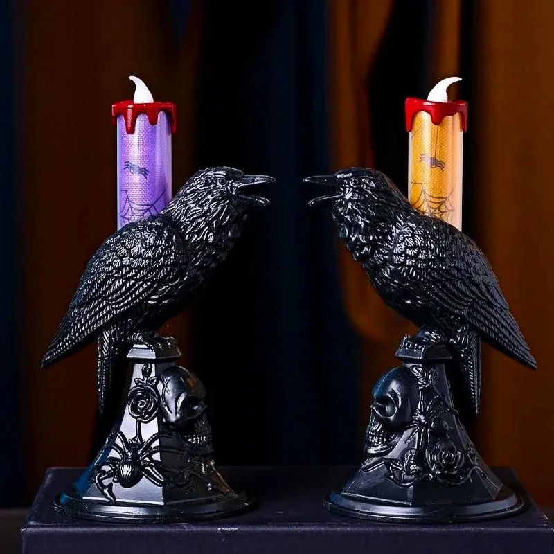 Glowing Black Crow Candlestick LED Candle Halloween Gothic Table Decor 0