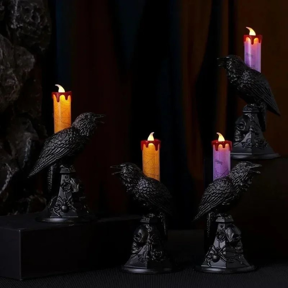 Glowing Black Crow Candlestick LED Candle Halloween Gothic Table Decor 2