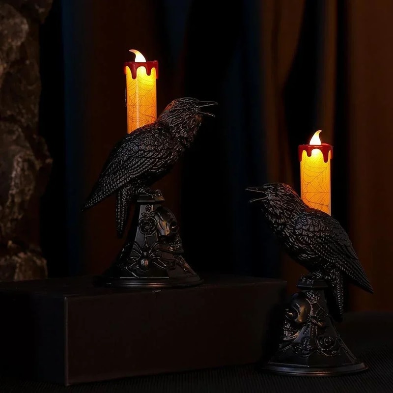 Glowing Black Crow Candlestick LED Candle Halloween Gothic Table Decor 5