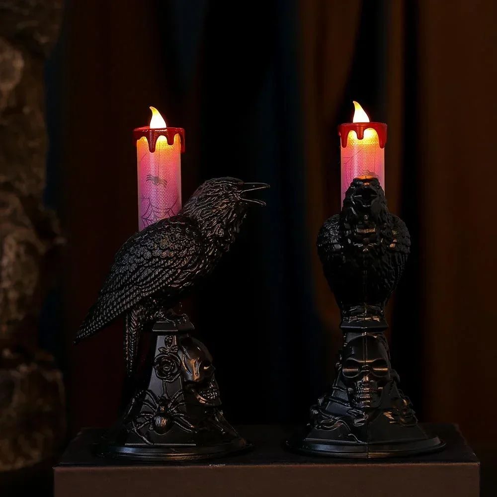 Glowing Black Crow Candlestick LED Candle Halloween Gothic Table Decor 6