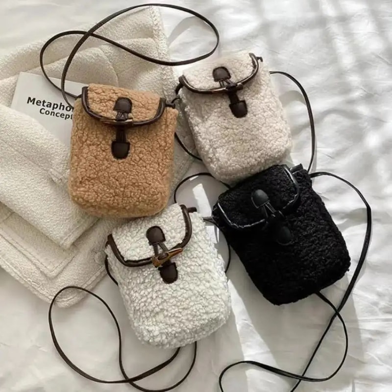 Women Retro Lamb Fleece Crossbody Phone Bag Minimalist ColorBlock Shoulder Mini Bag 0