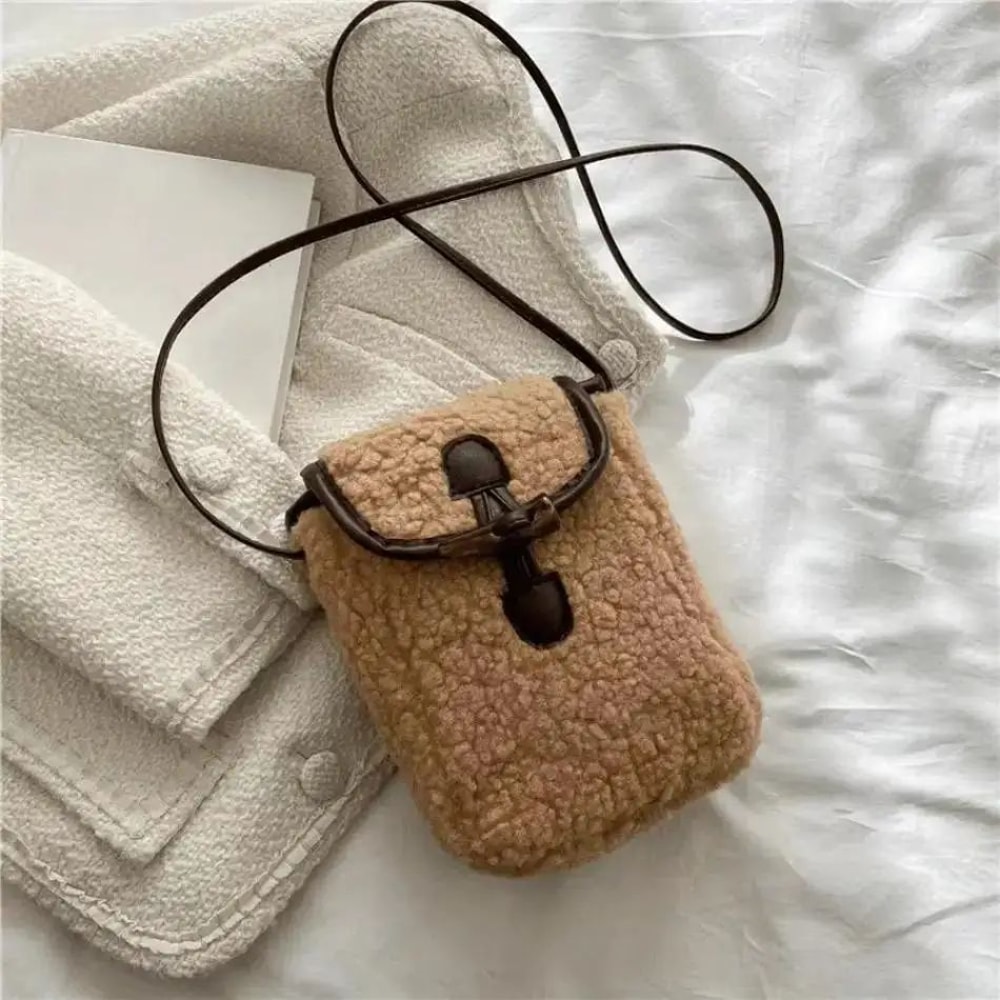 Women Retro Lamb Fleece Crossbody Phone Bag Minimalist ColorBlock Shoulder Mini Bag 3