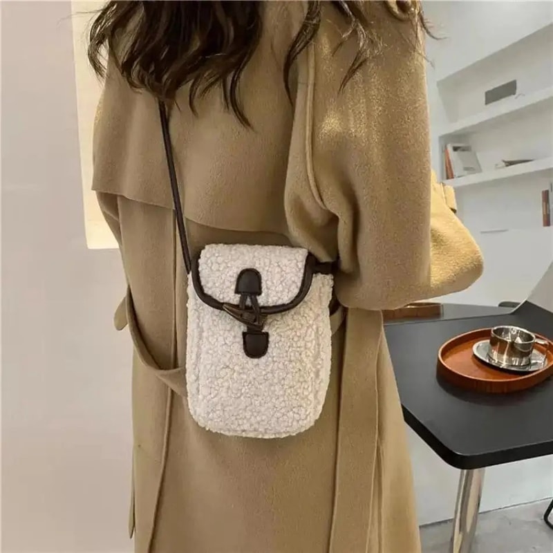 Women Retro Lamb Fleece Crossbody Phone Bag Minimalist ColorBlock Shoulder Mini Bag 5