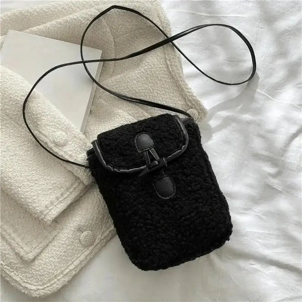 Women Retro Lamb Fleece Crossbody Phone Bag Minimalist ColorBlock Shoulder Mini Bag 7