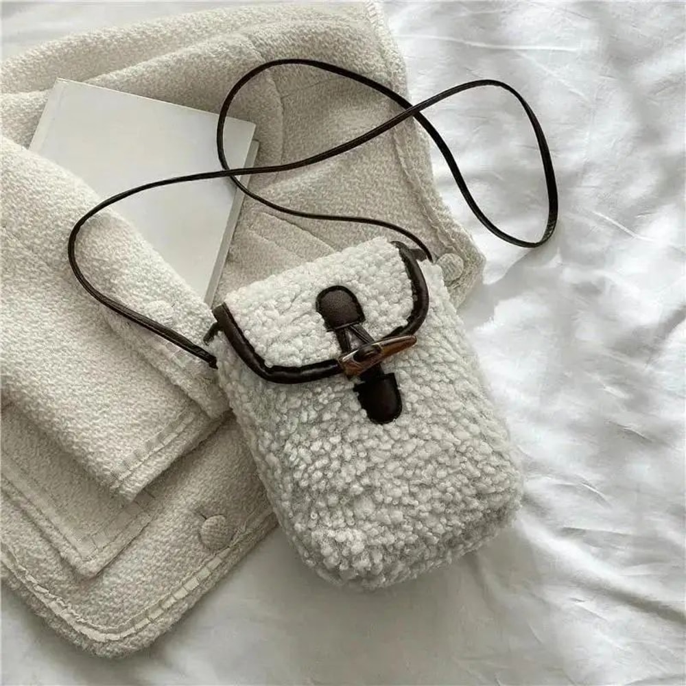 Women Retro Lamb Fleece Crossbody Phone Bag Minimalist ColorBlock Shoulder Mini Bag 9