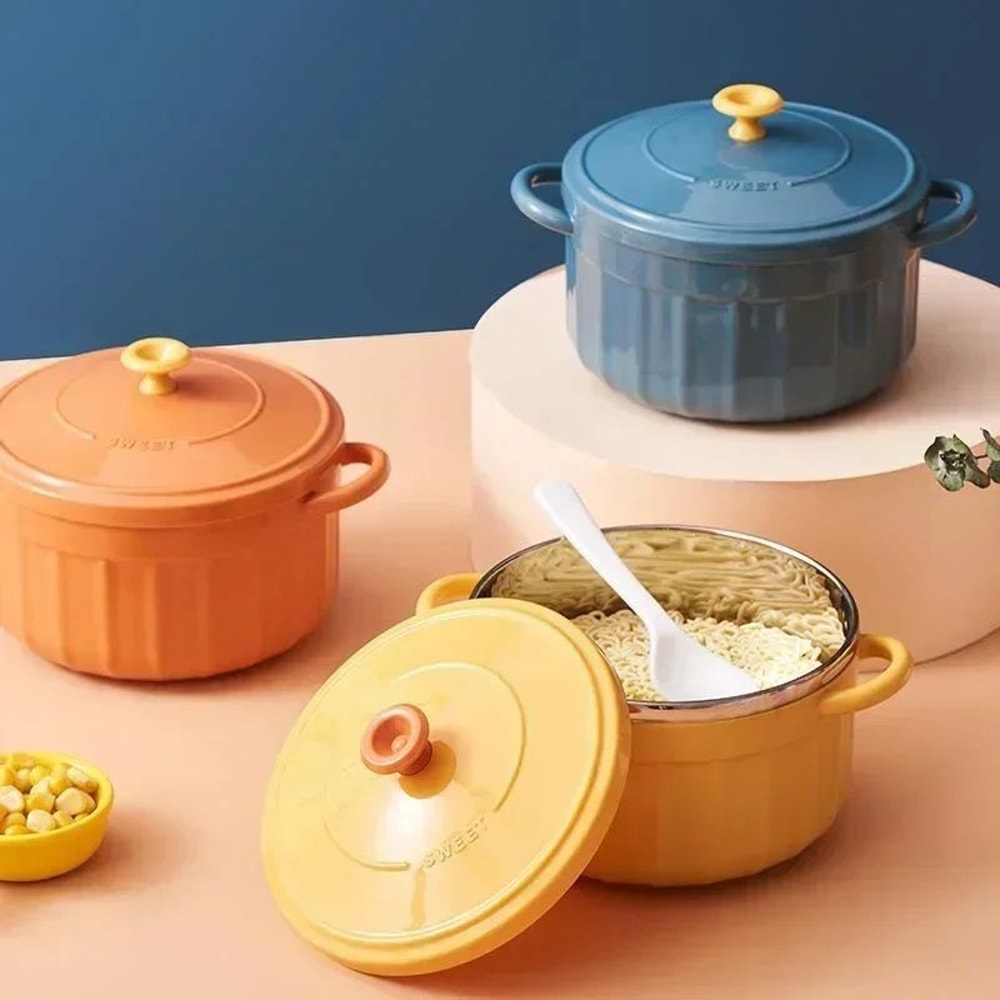 Stainless Steel Noodle Bowl With Lid MicrowaveSafe Double Handle Soup Bowl 0