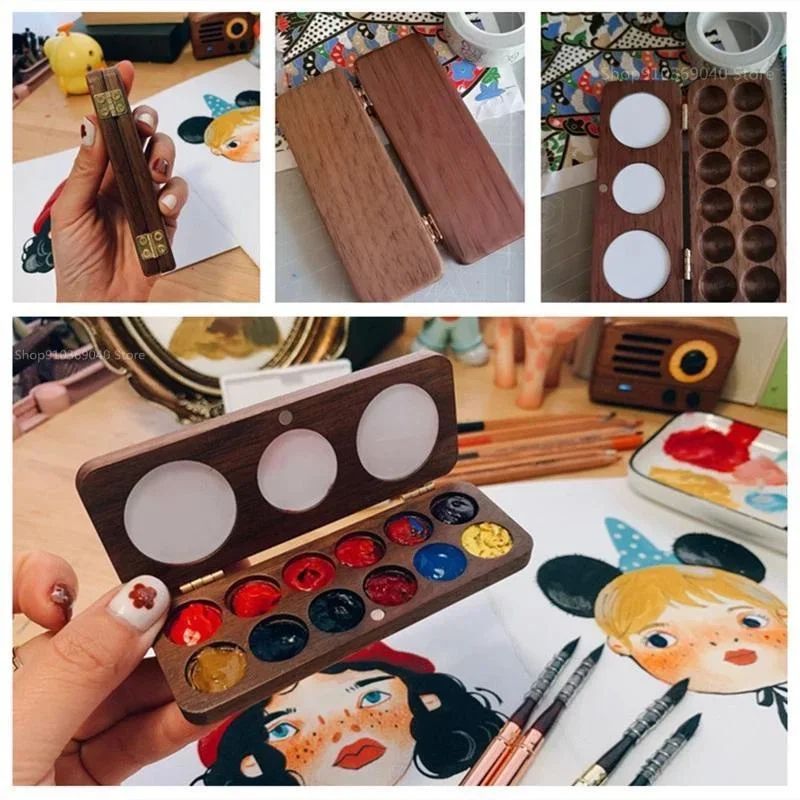Portable Wooden Watercolor Paint Box Magnetic Travel Palette 5