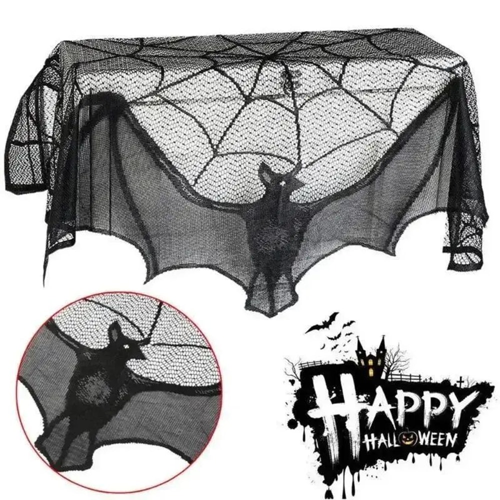 Gothic Bat Lace Halloween Curtain Spooky Halloween Lace Curtain For Tables Windows Fireplace 0