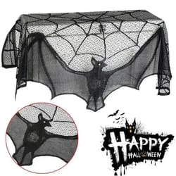 gothic bat lace halloween curtain – spooky halloween lace curtain for tables, windows & fireplace