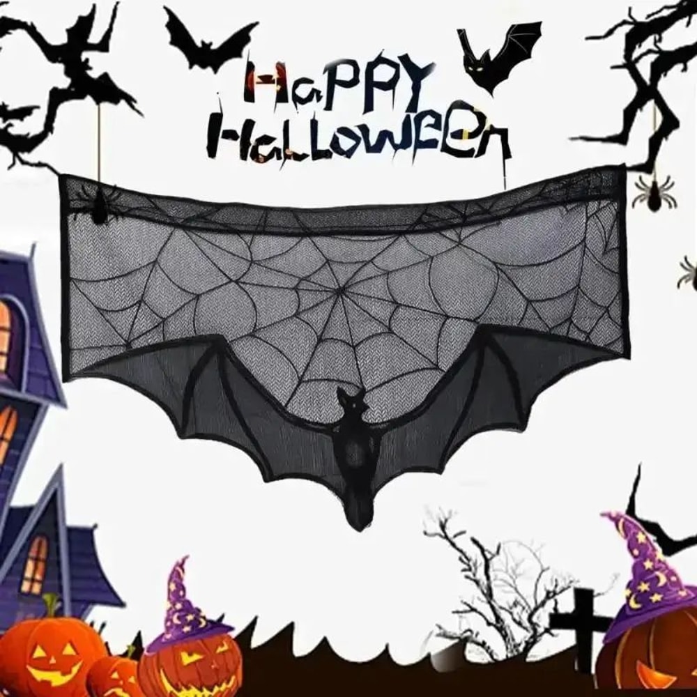 Gothic Bat Lace Halloween Curtain Spooky Halloween Lace Curtain For Tables Windows Fireplace 5