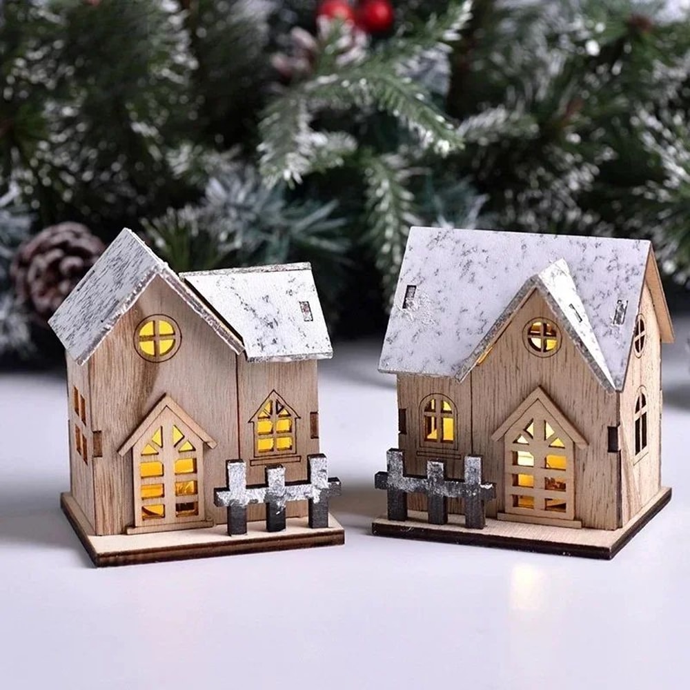 Luminous LED Mini Wooden Christmas House DIY LED Christmas House Ornament 1