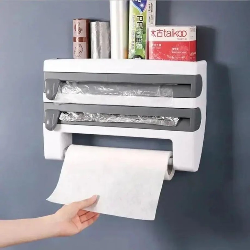 2in1 Wall Mounted Plastic Wrap Dispenser With Cutter Cling Film Holder Aluminum Foil Organizer 0