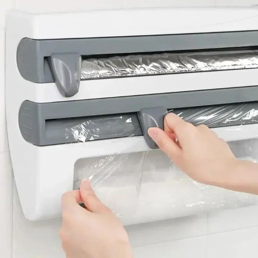 2in1 Wall Mounted Plastic Wrap Dispenser With Cutter Cling Film Holder Aluminum Foil Organizer 1
