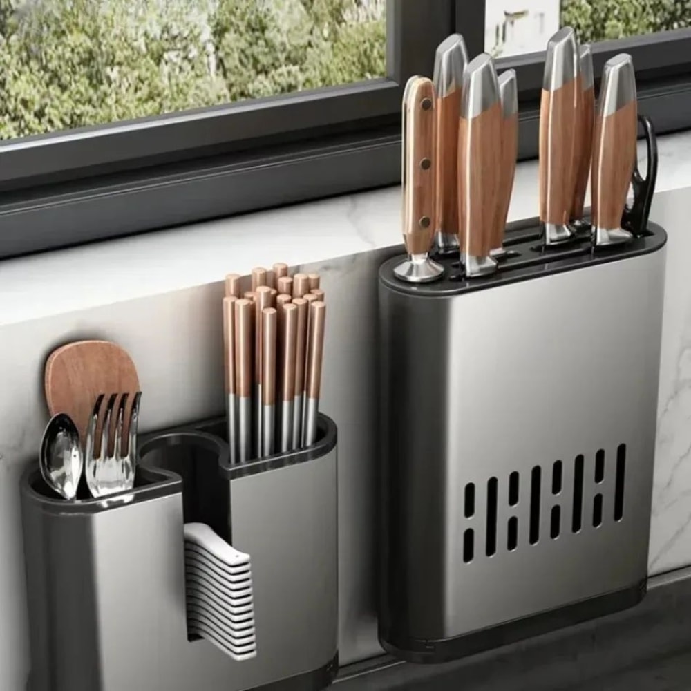 DryNest Wall Mounted Chopstick Holder With Drain Tray Space Aluminum Utensil Storage Rack 0
