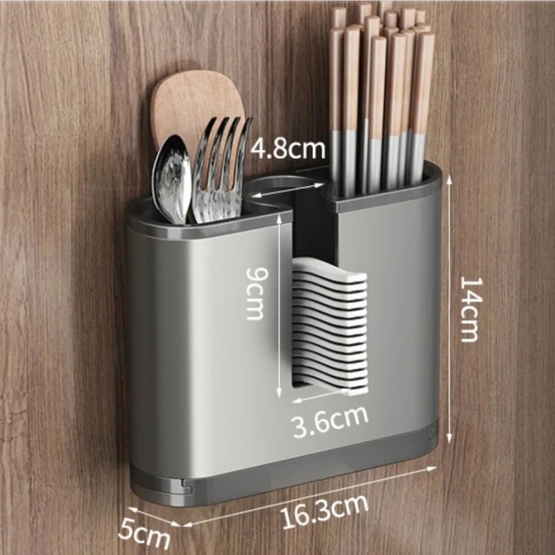 DryNest Wall Mounted Chopstick Holder With Drain Tray Space Aluminum Utensil Storage Rack 4