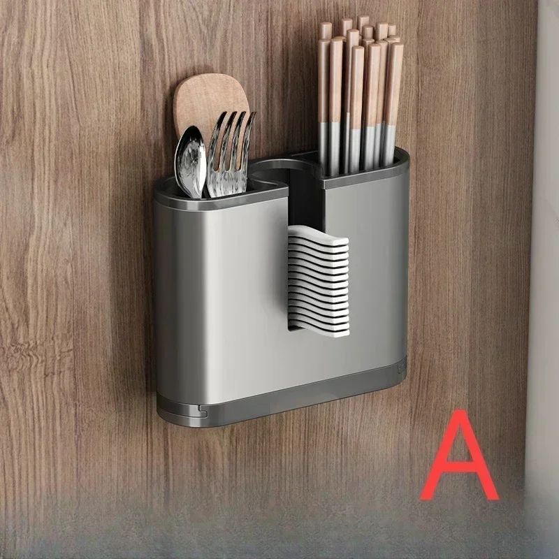 DryNest Wall Mounted Chopstick Holder With Drain Tray Space Aluminum Utensil Storage Rack 6