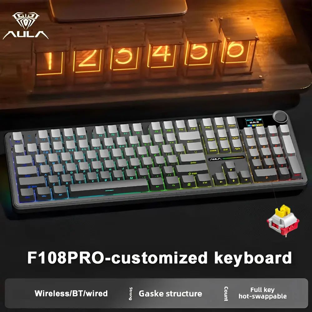 AULA F108 Pro TriMode Wireless Mechanical Keyboard RGB Gaming Keyboard With TFT Smart Display Con 6