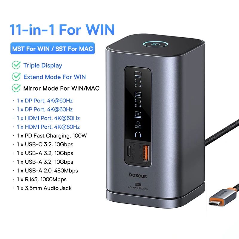 Baseus Elite 11in1 USB C Hub For MacBook 4K 60Hz Triple Display Docking Station With HDMI MST 6