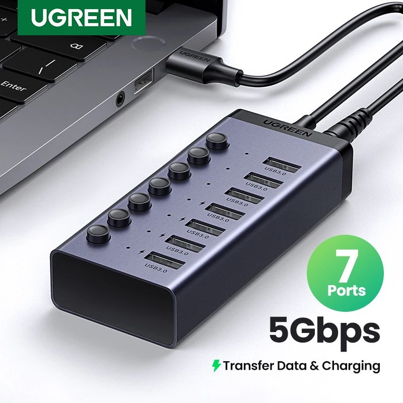 UGREEN 7Port USB 30 Hub With Individual Switches Power Adapter 0