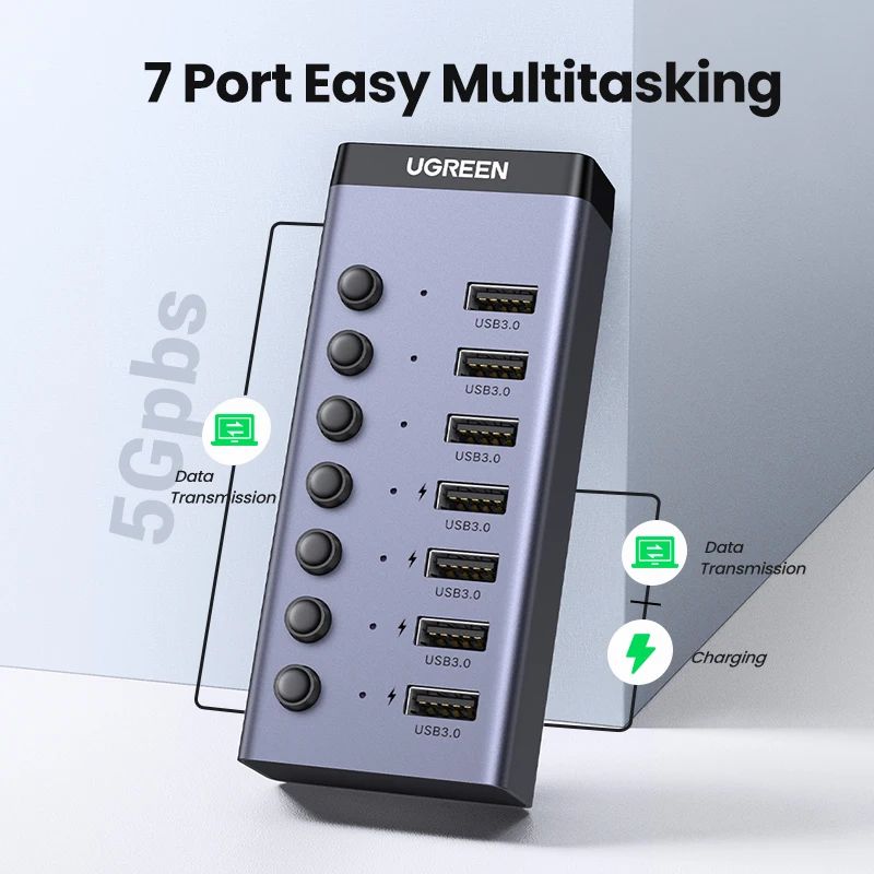 UGREEN 7Port USB 30 Hub With Individual Switches Power Adapter 1