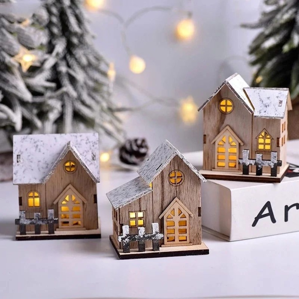 LED Wooden Christmas House Decoration Luminous Cabin Ornament For Tree Tabletop 0