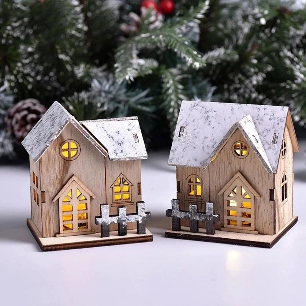 LED Wooden Christmas House Decoration Luminous Cabin Ornament For Tree Tabletop 1