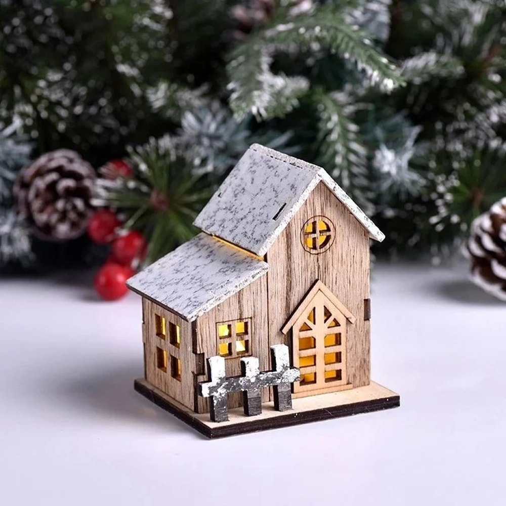 LED Wooden Christmas House Decoration Luminous Cabin Ornament For Tree Tabletop 2