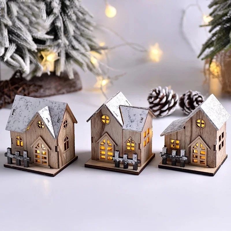 LED Wooden Christmas House Decoration Luminous Cabin Ornament For Tree Tabletop 4