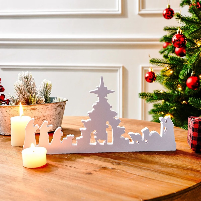 White Nativity Silhouette Christmas Decor Minimalist Snowflake Desktop Display 0