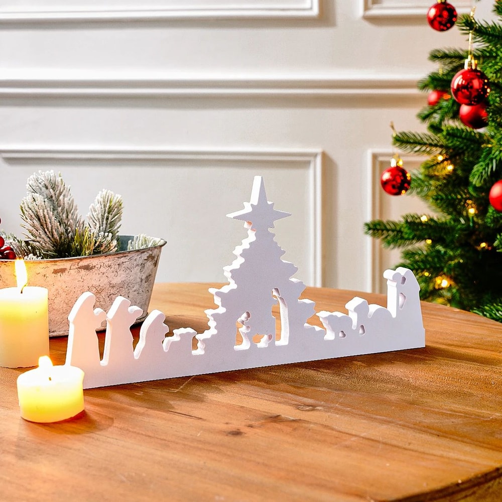 White Nativity Silhouette Christmas Decor Minimalist Snowflake Desktop Display 3