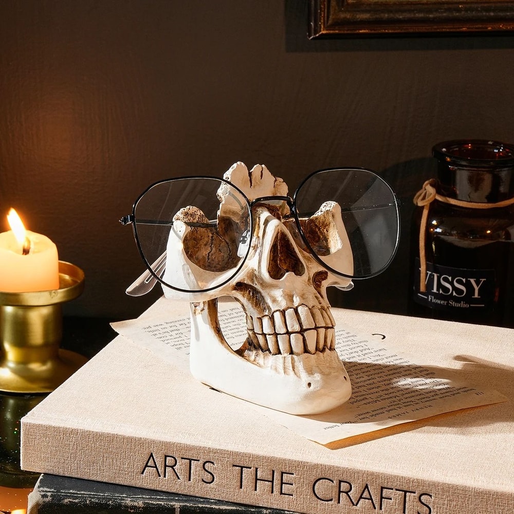 Skull Glasses Holder Stand Resin Halloween Eyewear Display Decor 0