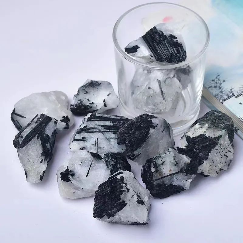 Natural Black Tourmaline And White Quartz Crystal Raw Healing Mineral Specimen 0
