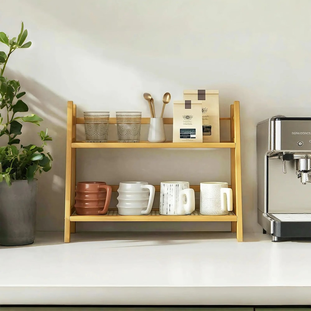 2 Tier Coffee Station Organizer Bamboo Mug Holder Countertop Shelf 4