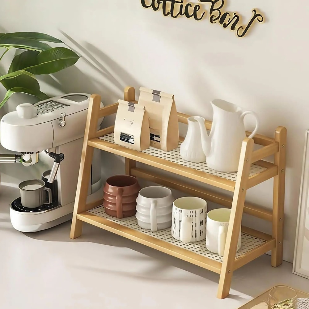 2 Tier Coffee Station Organizer Bamboo Mug Holder Countertop Shelf 7