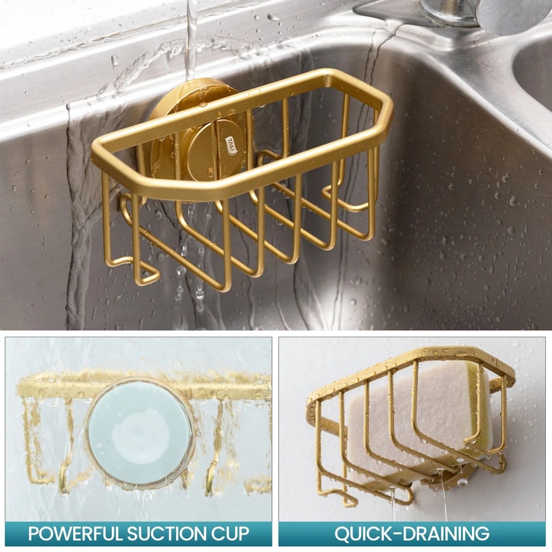 TAILI Gold Sponge Holder For Kitchen Sink Rustproof Aluminum Suction Sink Caddy 1