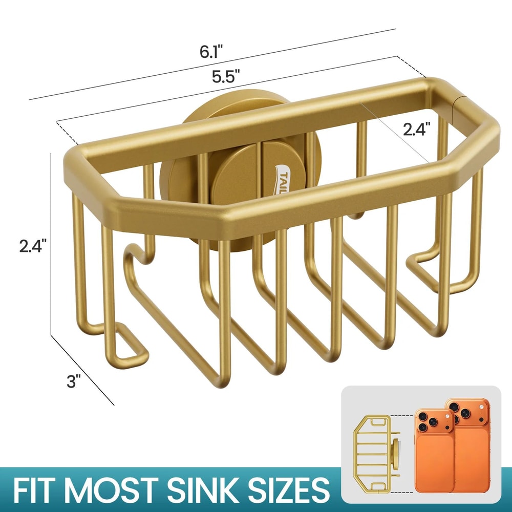 TAILI Gold Sponge Holder For Kitchen Sink Rustproof Aluminum Suction Sink Caddy 4