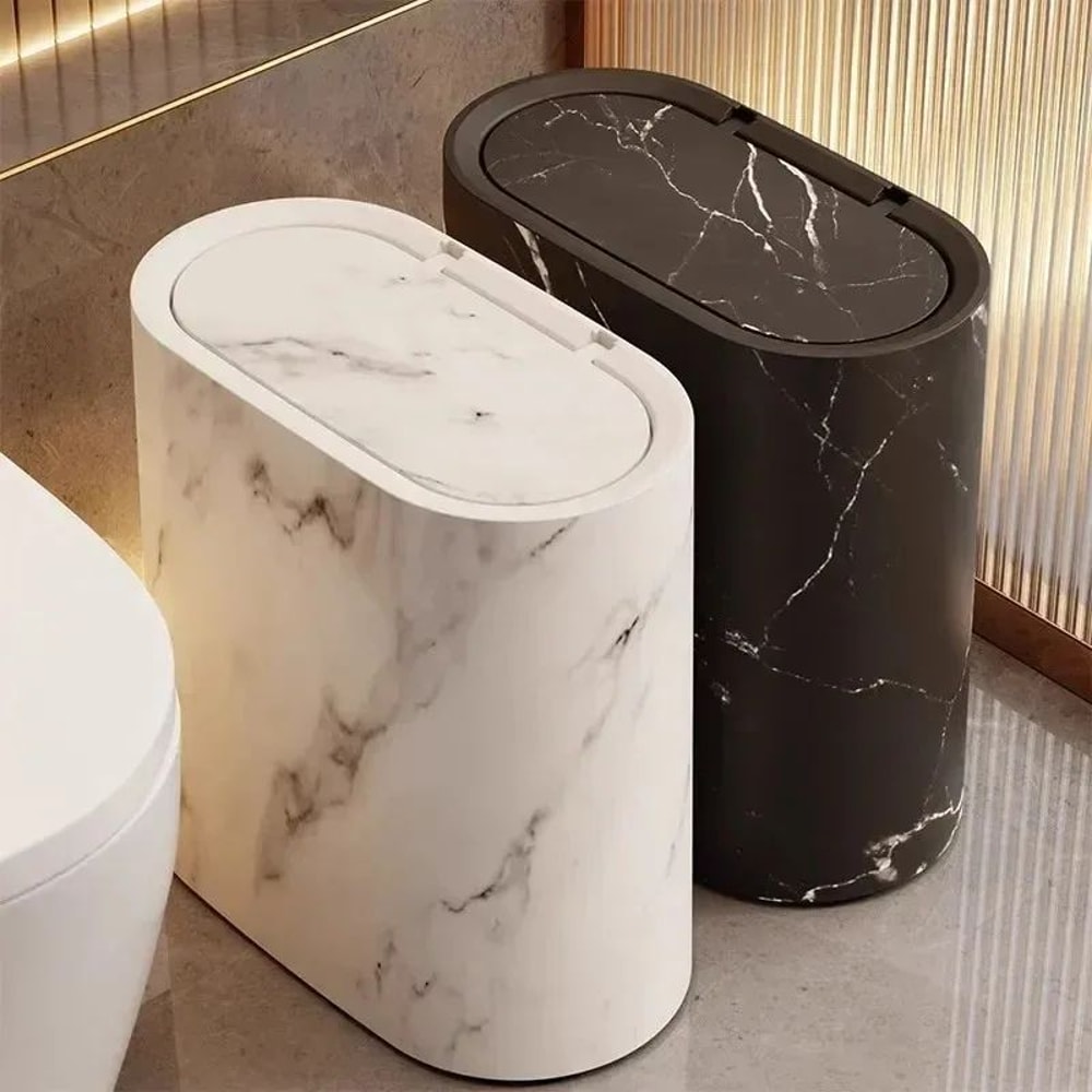 Nordic Marble Slim Bathroom Trash Can With Press Lid OdorProof Narrow Wastebasket 0