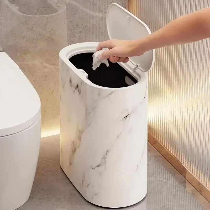 Nordic Marble Slim Bathroom Trash Can With Press Lid OdorProof Narrow Wastebasket 2