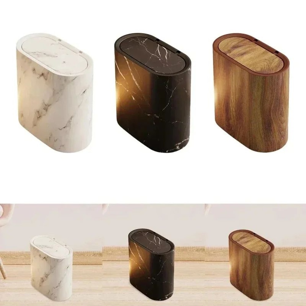 Nordic Marble Slim Bathroom Trash Can With Press Lid OdorProof Narrow Wastebasket 4