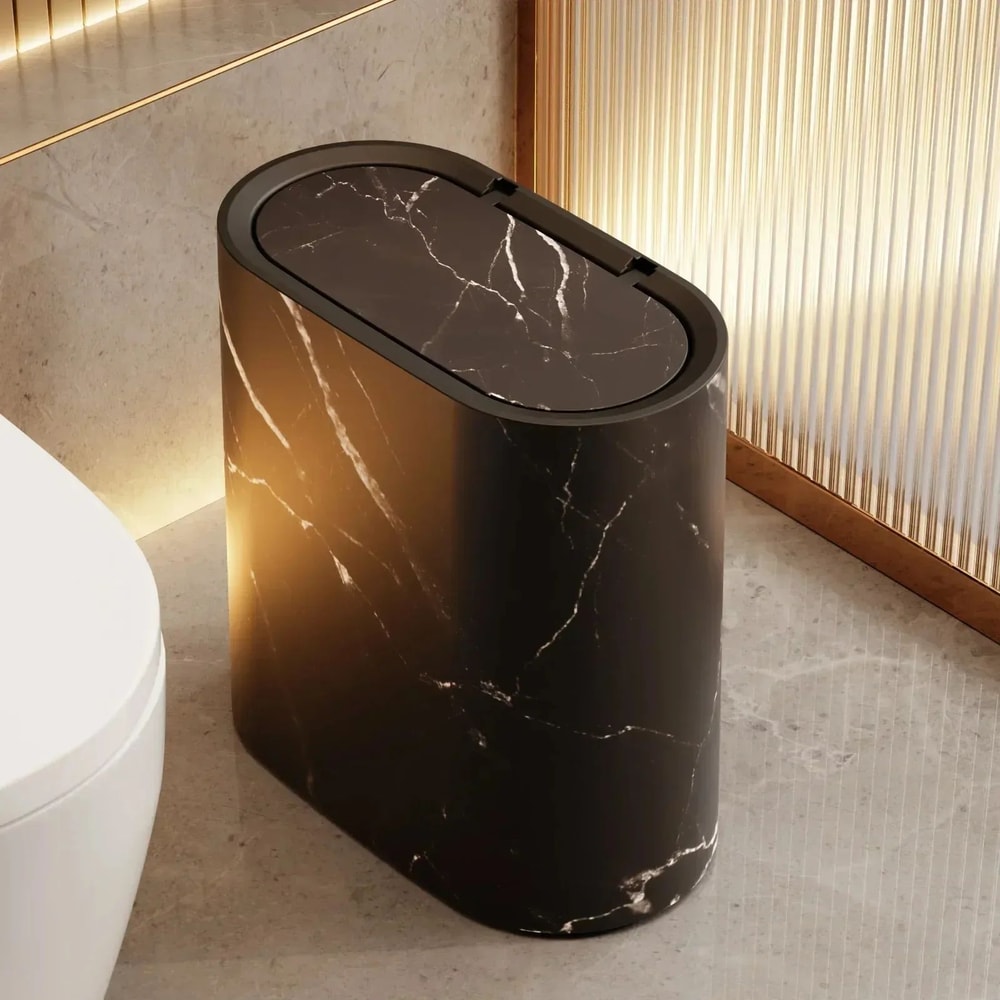 Nordic Marble Slim Bathroom Trash Can With Press Lid OdorProof Narrow Wastebasket 6