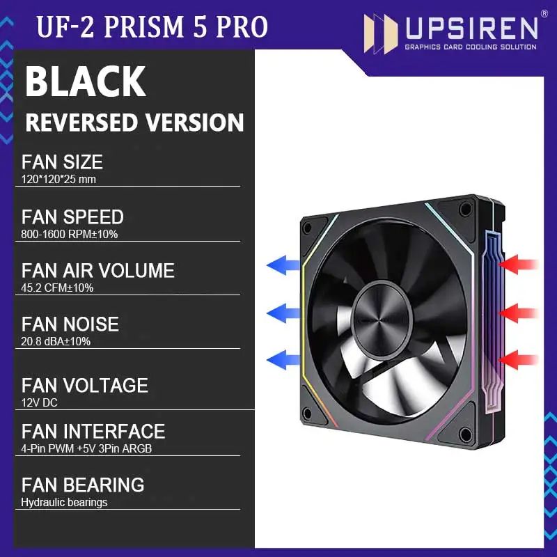 UPSIREN UF2 PRISM 5 PRO 120mm ARGB Case Fan High Airflow PC Cooling Fan Regular Or Reverse Blade 4