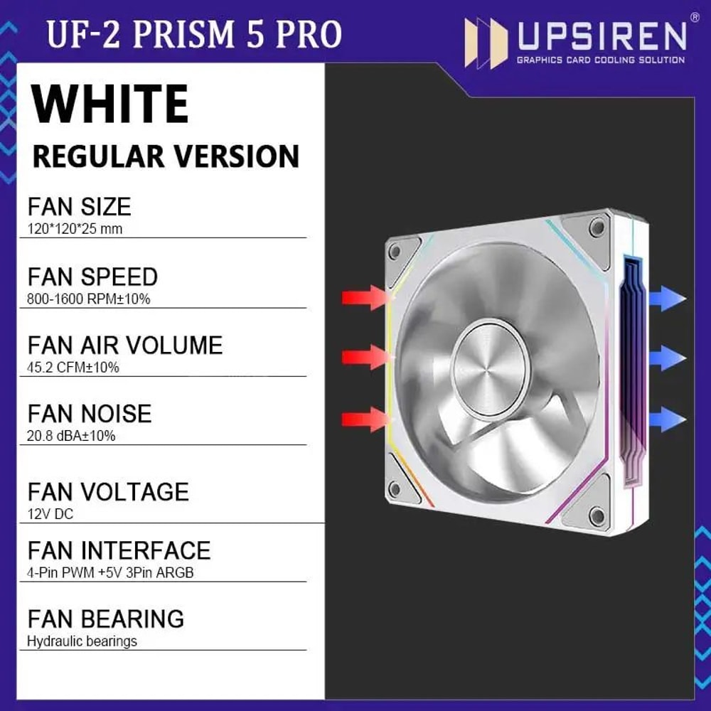 UPSIREN UF2 PRISM 5 PRO 120mm ARGB Case Fan High Airflow PC Cooling Fan Regular Or Reverse Blade 5