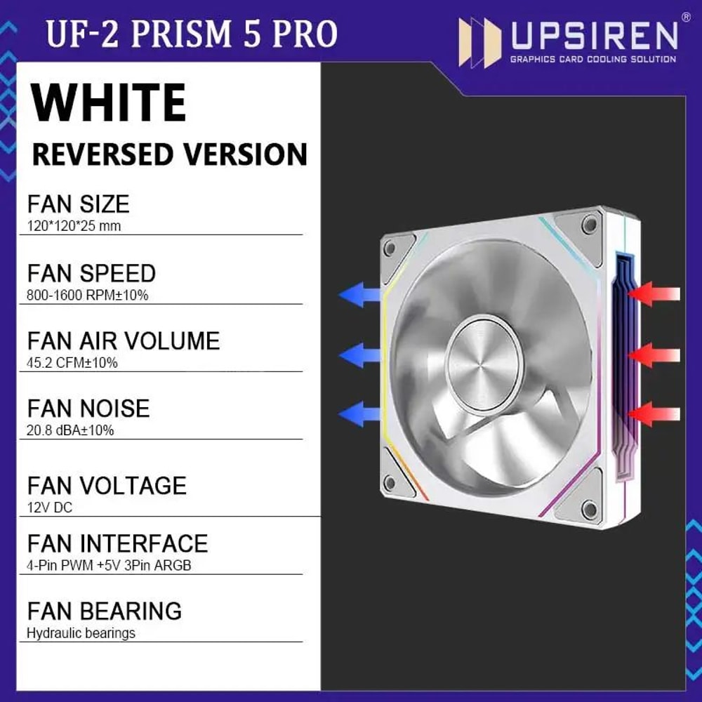 UPSIREN UF2 PRISM 5 PRO 120mm ARGB Case Fan High Airflow PC Cooling Fan Regular Or Reverse Blade 6