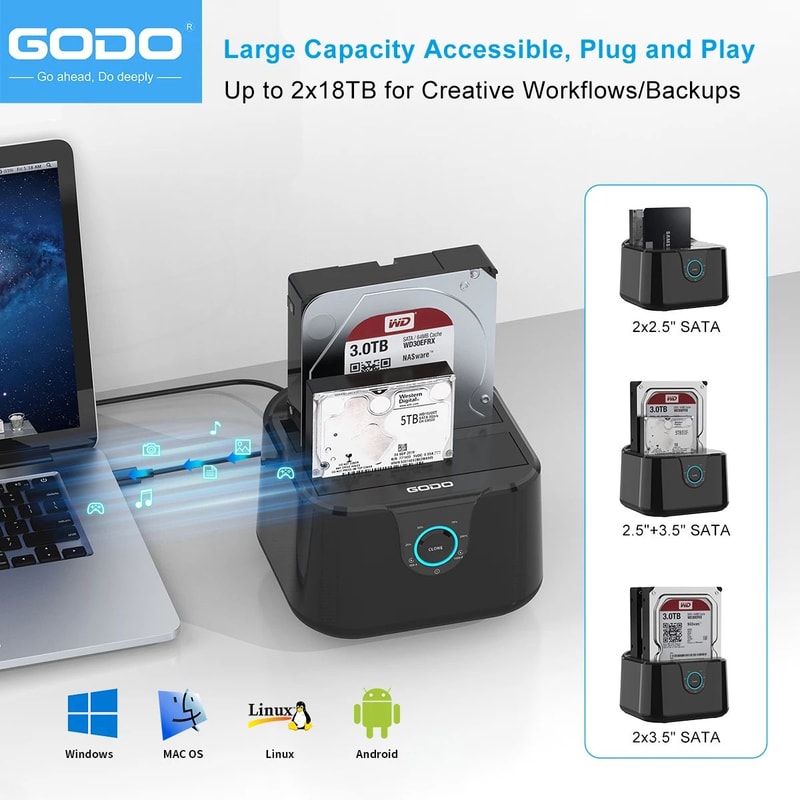 GODO Dual Bay Hard Drive Docking Station USB 30 SATA HDDSSD Dock For 25 35 Inch Drives 1