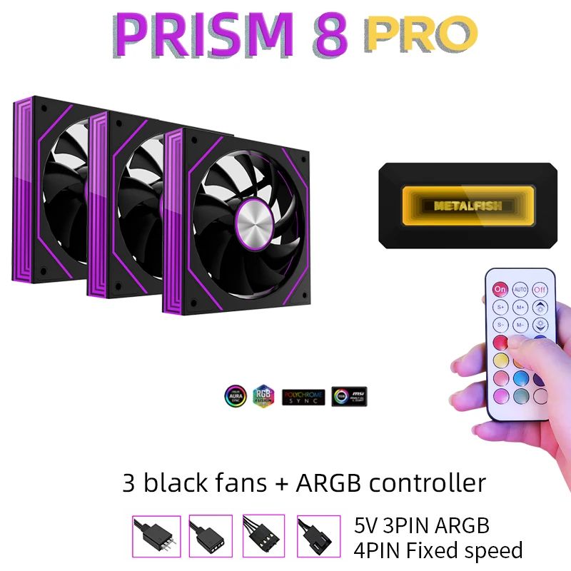 METALFISH PRISM 8 Pro 120mm ARGB Case Fan Quiet 5V 3Pin PC Cooling Fan 6