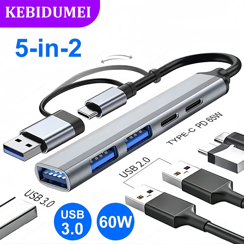 5in1 USB C Hub With 65W PD MultiPort Type C To USB 30 Adapter For MacBook Lenovo 0