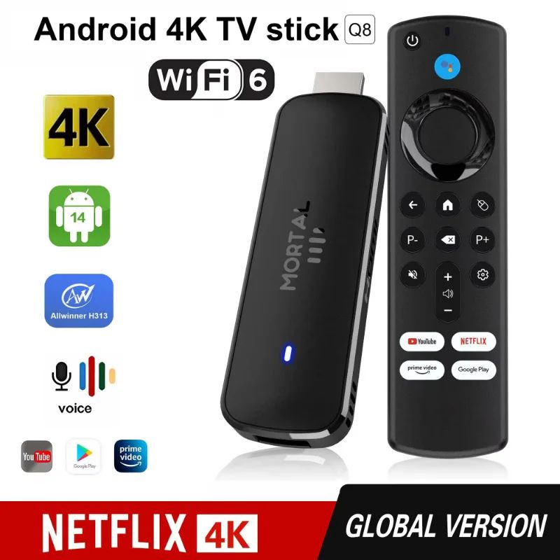 Mortal Q8 Android 14 TV Stick 8K WiFi 6 Streaming Media Player With Voice Remote 0